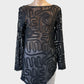 PM top in black sheer mesh with cornelli ribbon for evening or formal wear.