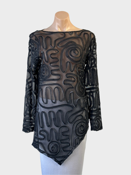 PM top in black sheer mesh with cornelli ribbon for evening or formal wear.