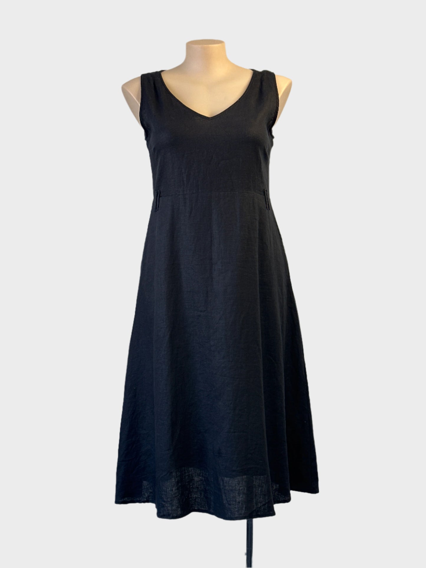 POL sleeveless A-line dress in black pure linen for smart casual or office wear.