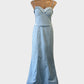 Designer Portia & Scarlett powder blue gown with sweetheart neck, folded satin trim, rouleau button back detail for formal wear