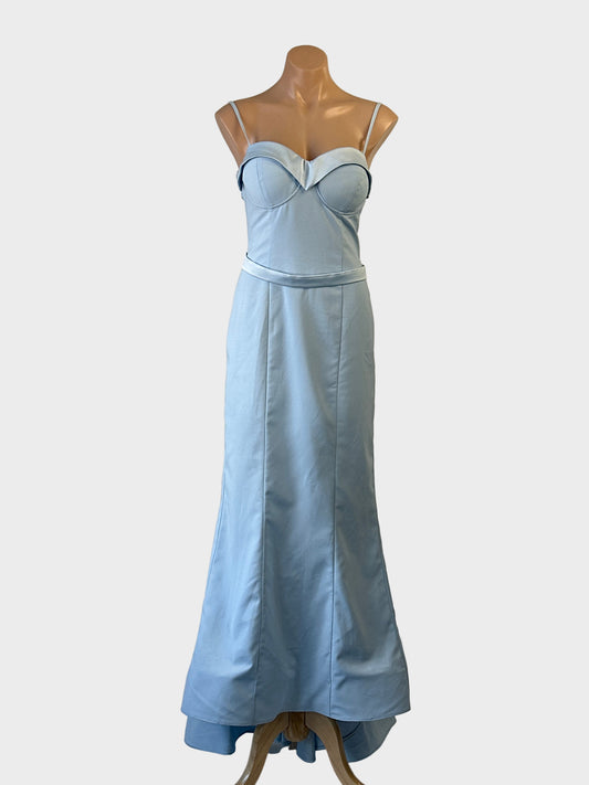 Designer Portia & Scarlett powder blue gown with sweetheart neck, folded satin trim, rouleau button back detail for formal wear