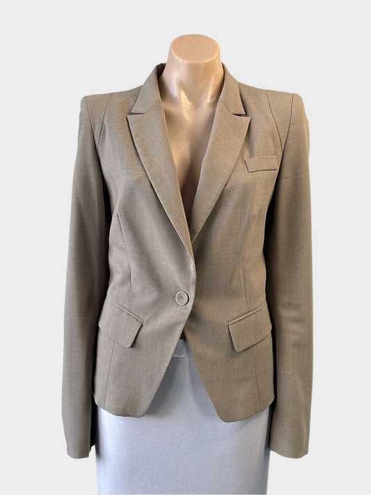 Portmans beige variegated weave single breasted jacket with covered button for office wear.