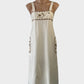 Vintage designer Prue Acton sleeveless sundress in unbleached calico with embroidered trim, appliqué beads and brass hardware for smart casual or special events.