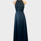 Purple Patch halter neck gown in blue satin with lace bodice for formal wear.