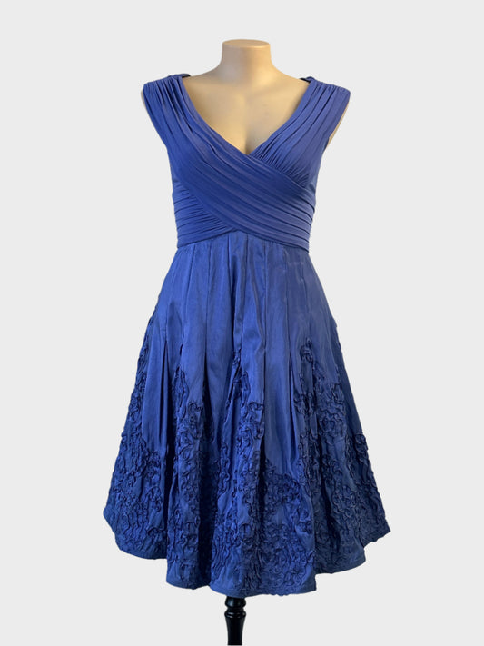 Queenspark A-line dress in purple taffeta with cornelli ribbon and ruched bodice for evening or special events wear.