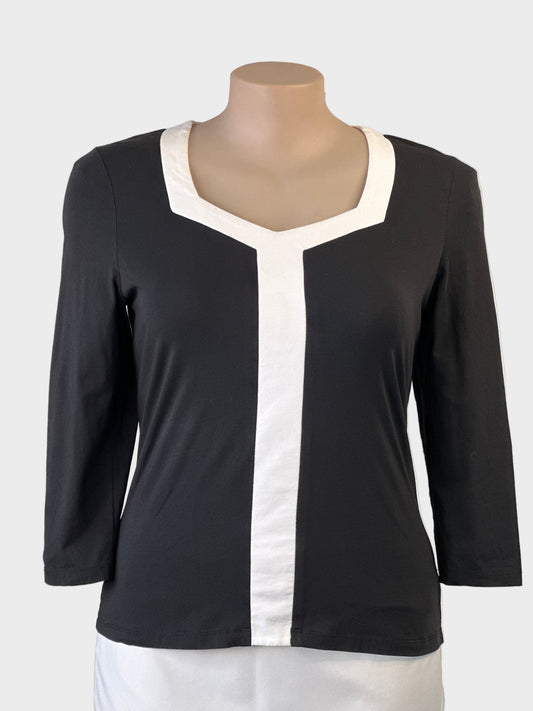Queenspark black top with square neck and white centre panel, contrast trim and three quarter sleeves for office wear.