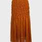 Designer Rachel Comey burnt orange gathered tulle midi skirt with ruched yoke, elastic waistband and train for special events or evening wear.
