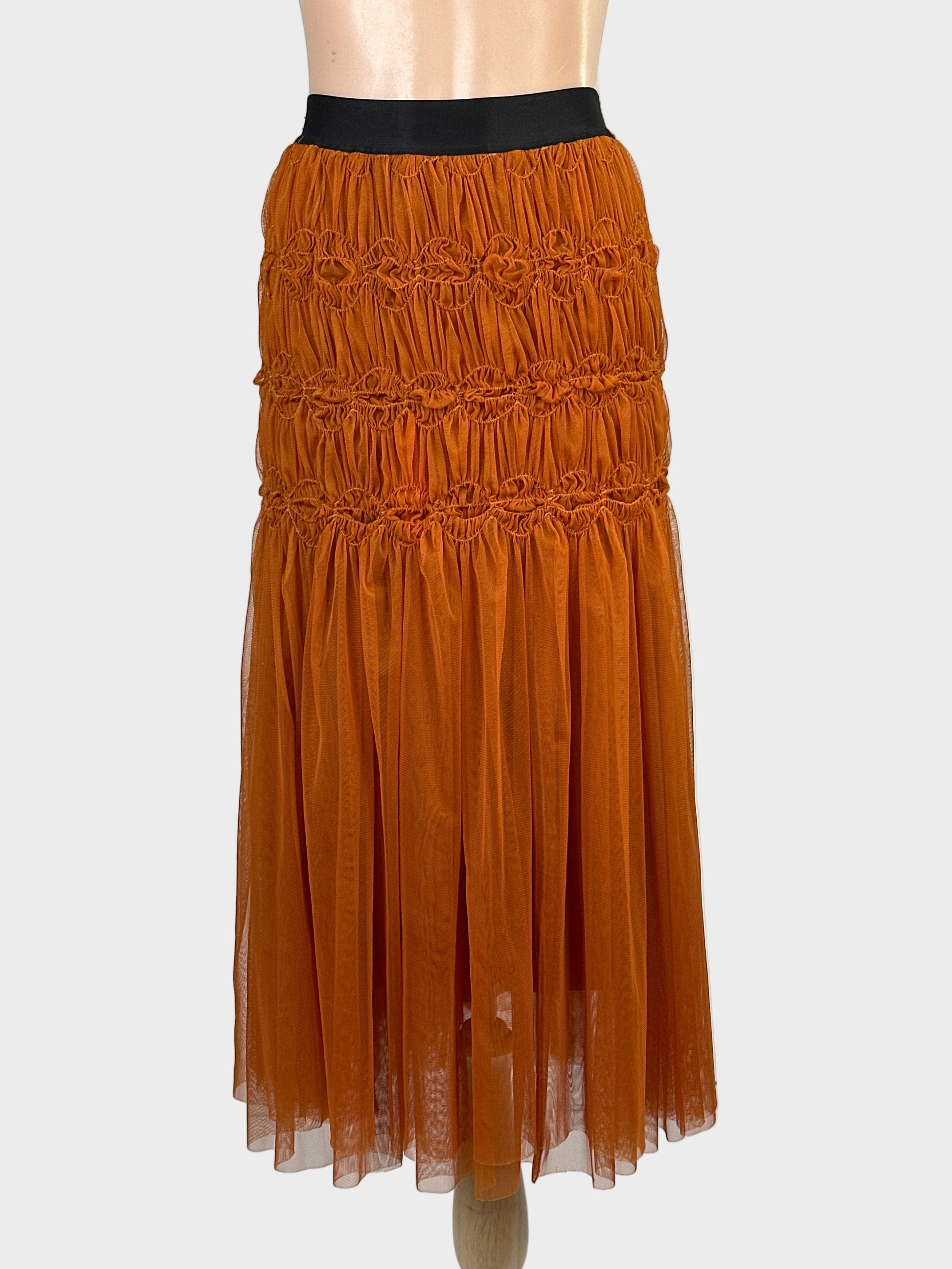 Designer Rachel Comey burnt orange gathered tulle midi skirt with ruched yoke, elastic waistband and train for special events or evening wear.