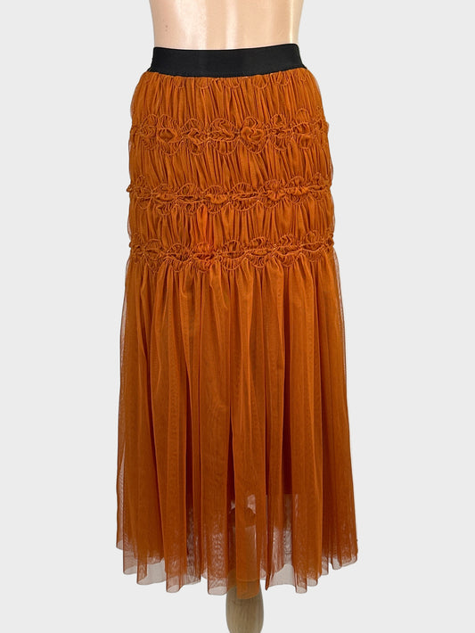 Designer Rachel Comey burnt orange gathered tulle midi skirt with ruched yoke, elastic waistband and train for special events or evening wear.