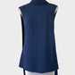 Designer Rachel Gilbert tunic top in midnight blue with band collar and open back with pleated tails for formal or evening wear.