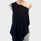 Designer Rachel Roy asymmetric top in black and white with sheer underlay and handkerchief hem for office or smart casual wear.
