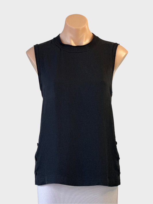 Designer Rag & Bone sleeveless black tank top with ribbed crew neck and side slits with covered button closures for office or smart casual wear.