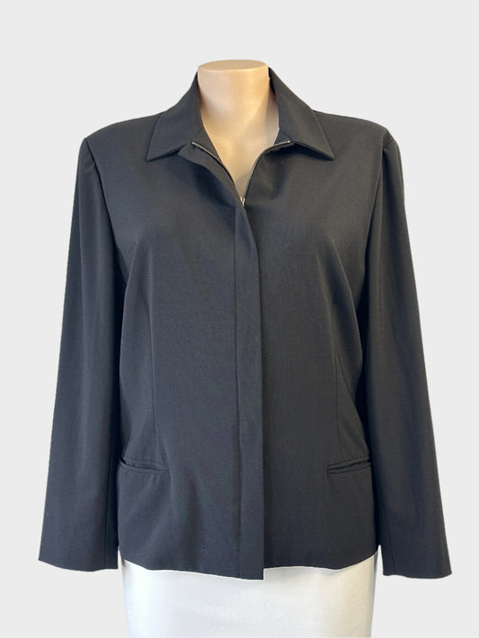 Designer Ralph Lauren black jacket with concealed zip front, surgeon's cuffs and jetted pockets for office wear.