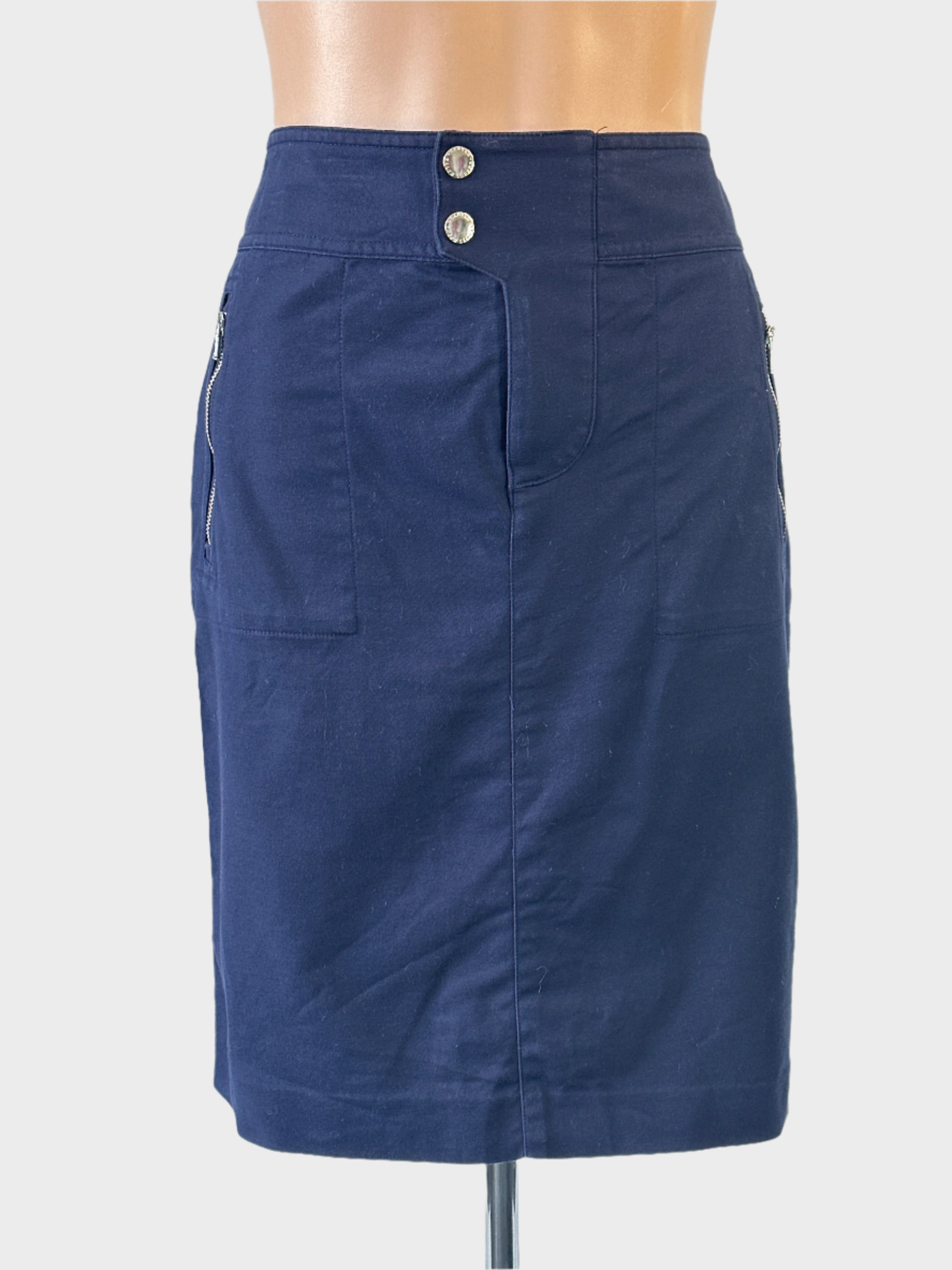 Designer Ralph Lauren nautical style straight skirt in midnight blue with lace-up back, front zip pockets and back vent for office or smart casual wear.