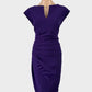 Diva retro 60's style sleeveless sheath dress in purple jersey with notched neck, ruched waist, and pencil skirt for evening wear.