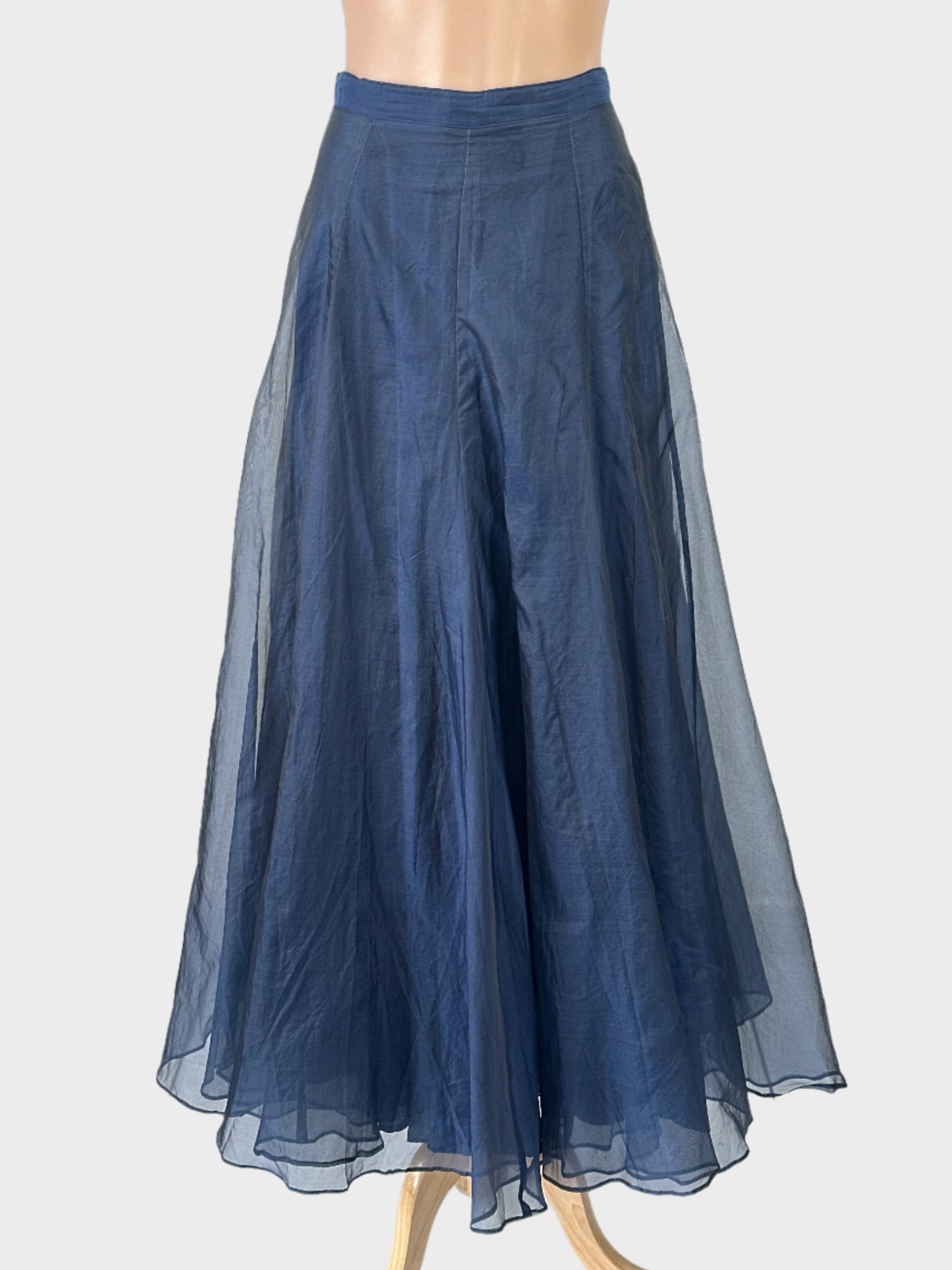 Revel blue classic old Hollywood flared panel skirt in sheer silk organza with narrow waistband for formal wear.