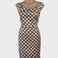 Review brown and white retro 60's sleeveless sheath dress with polka dot print, notched collar and pencil skirt for office or smart casual wear.