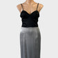 Review sheath dress in black and grey with satin corset bodice and back vent for formal or evening wear.