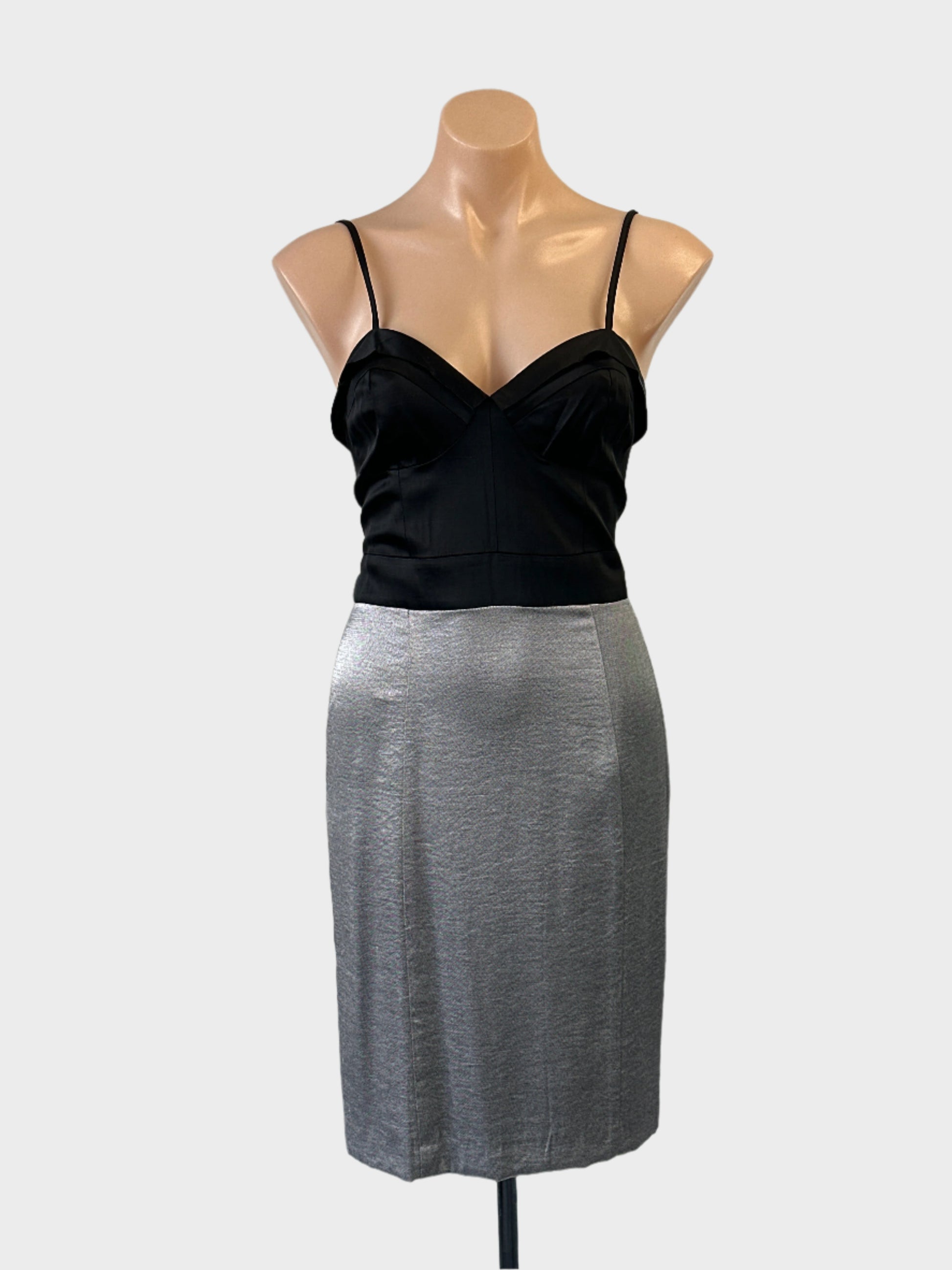 Review sheath dress in black and grey with satin corset bodice and back vent for formal or evening wear.