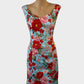Review sleeveless dress in multicoloured textured weave with vintage floral print, sweetheart neck and pencil skirt for smart casual or office wear.