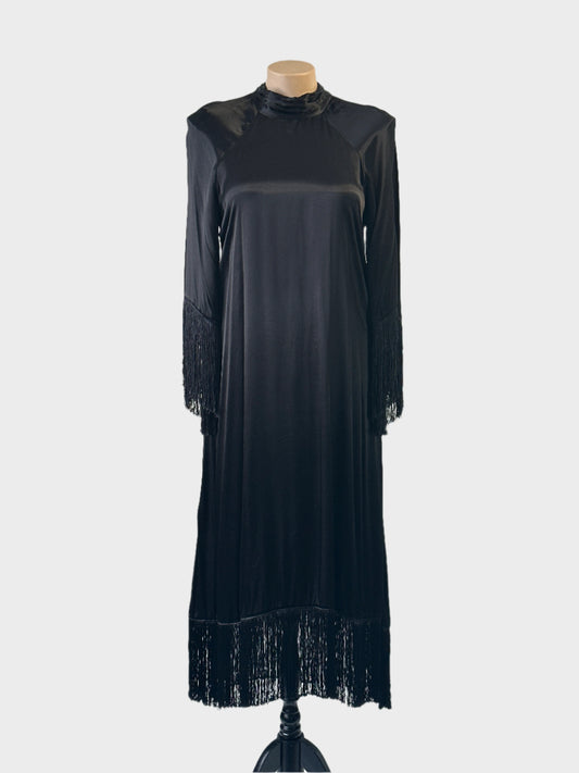 River Island fringe gown in black satin with fringe cuffs and open back for formal wear.