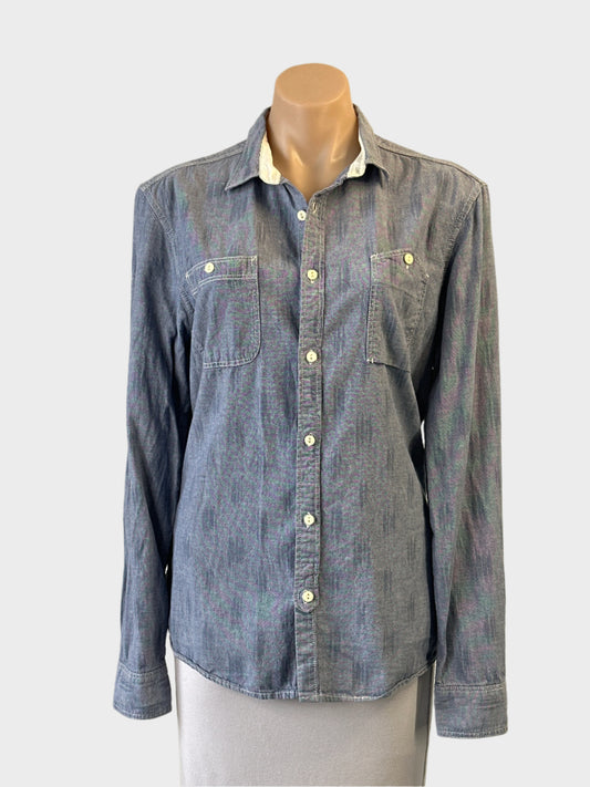 River Island long sleeve shirt in faded blue denim with flap patch pockets, ideal for casual wear.