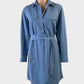 Designer R.M. Williams Western style shirt dress in blue denim with embroidered logo, waist sash and curved hem for weekend or smart casual wear.