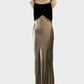 Designer Roberta vintage 80s bias cut gown in black and gold satin finish with crushed velvet bodice and spaghetti straps for formal or evening wear.