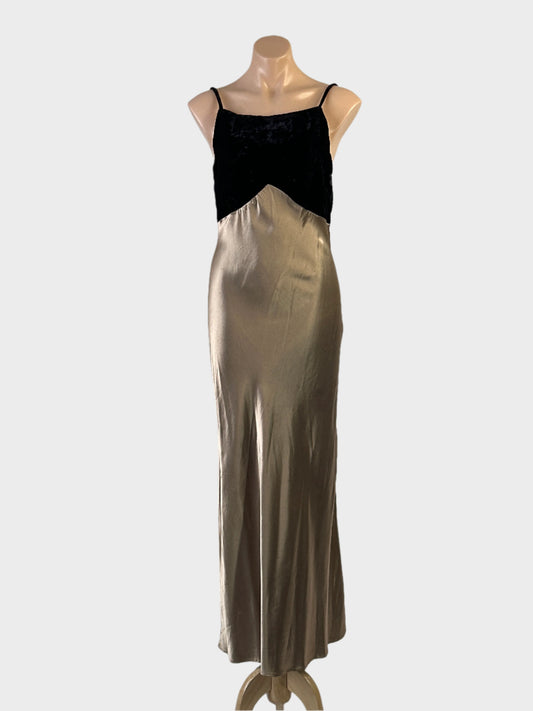 Designer Roberta vintage 80s bias cut gown in black and gold satin finish with crushed velvet bodice and spaghetti straps for formal or evening wear.