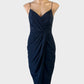Rodeo Show navy silk sheath dress with pleated bodice, surplice neck and draped tulip skirt for evening or formal wear.