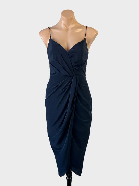 Rodeo Show navy silk sheath dress with pleated bodice, surplice neck and draped tulip skirt for evening or formal wear.