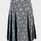 Rodney Clark navy and white godet skirt in pure cotton with Arabesque print, contrasting godet panels and waistband for smart casual or office wear.