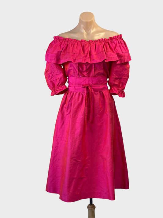 Rodney Clark off the shoulder dress in pink with ruffle neckline and full skirt for formal or special events wear.