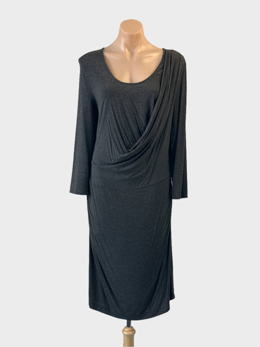 Designer SABA asymmetric dress in grey with shoulder drape and u-shaped neck for office or smart casual wear.
