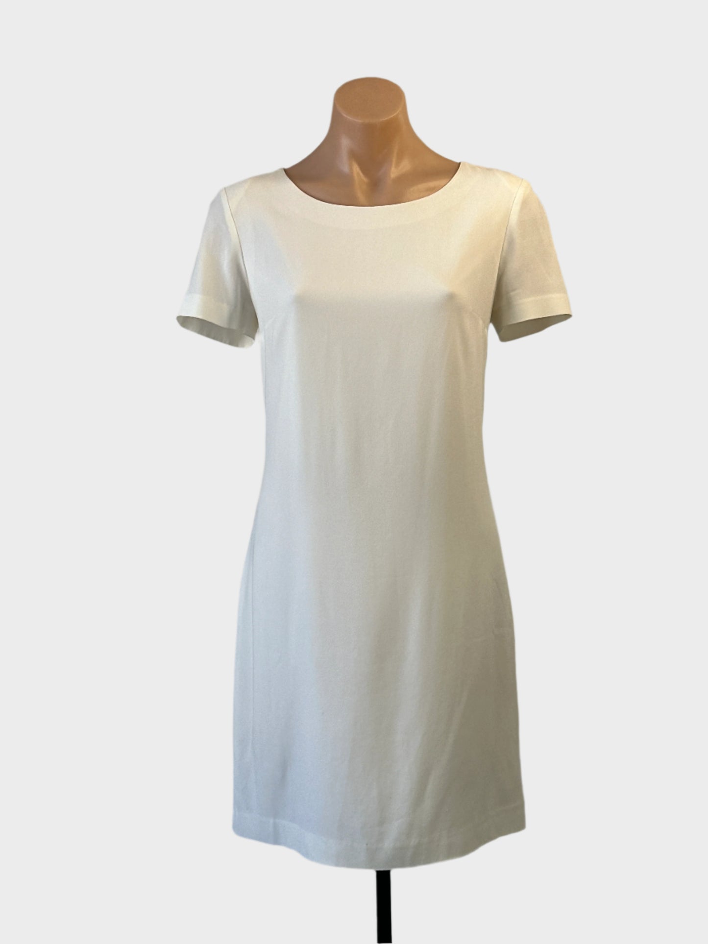 SABA classic shift dress in white crepe for office or special events wear.