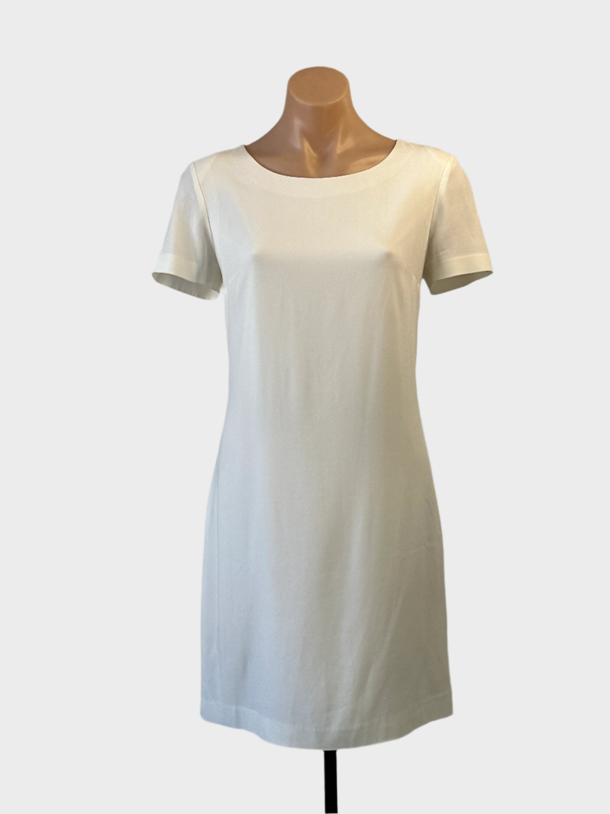 SABA classic shift dress in white crepe for office or special events wear.