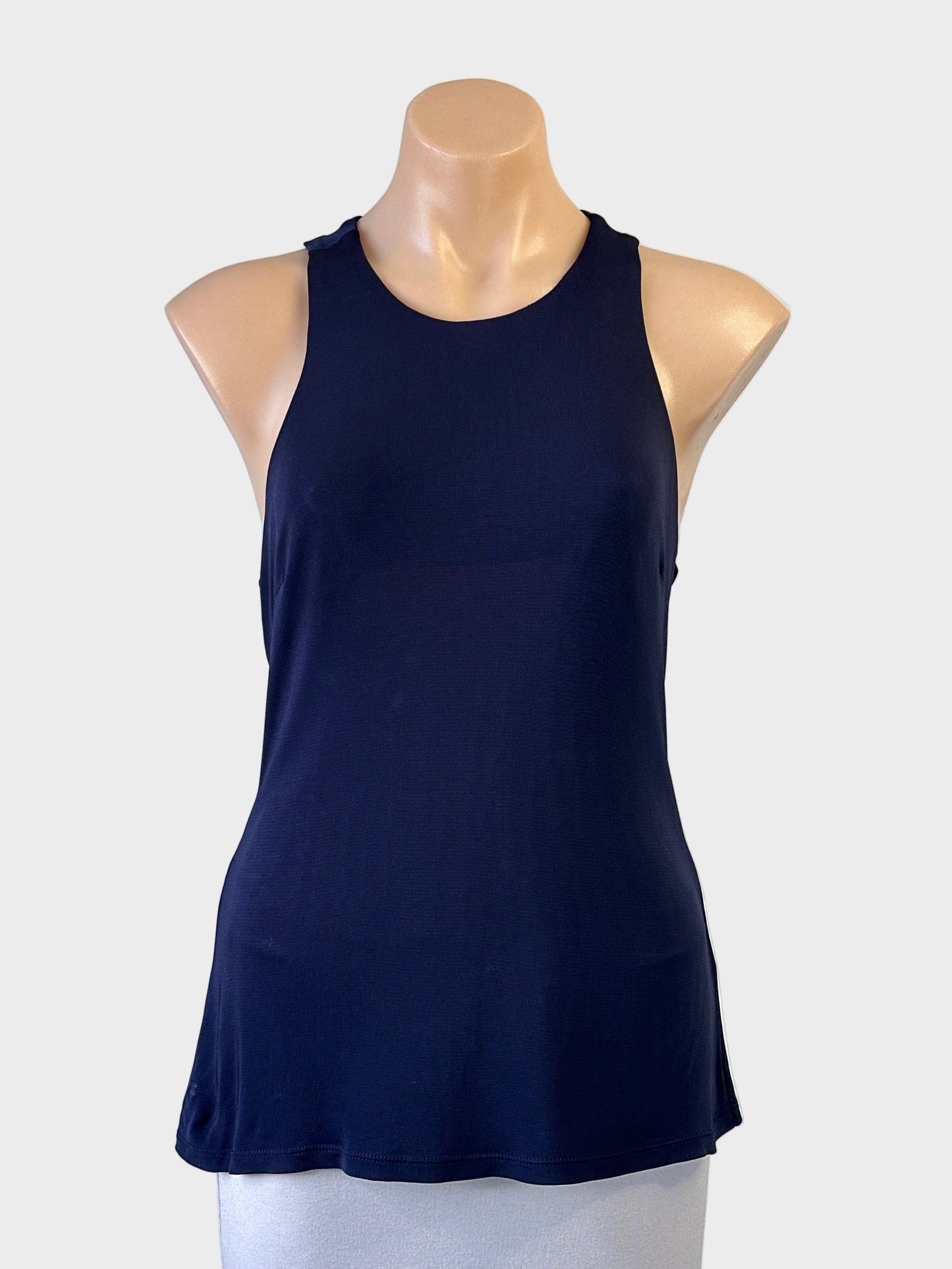SABA sleeveless top in midnight blue with round neck and racer back with twist straps for evening or smart casual wear.