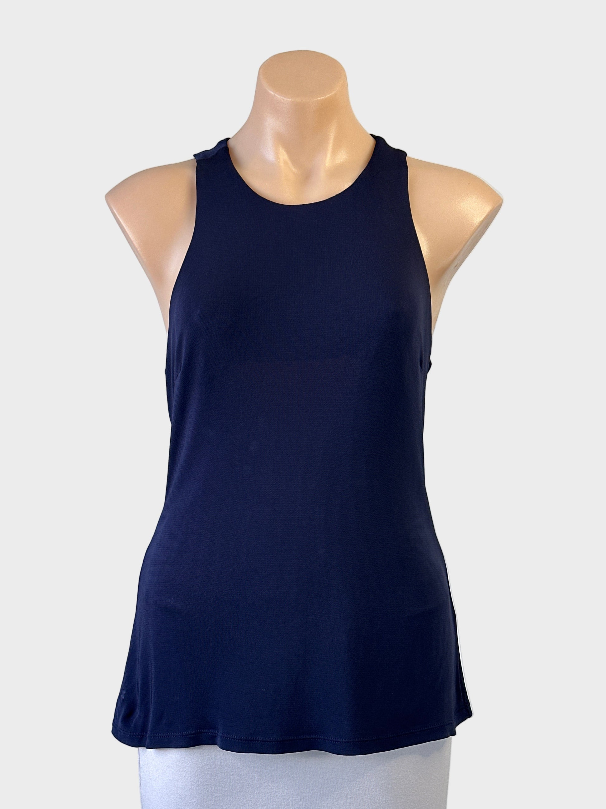 SABA sleeveless top in midnight blue with round neck and racer back with twist straps for evening or smart casual wear.