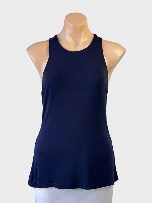 SABA sleeveless top in midnight blue with round neck and racer back with twist straps for evening or smart casual wear.