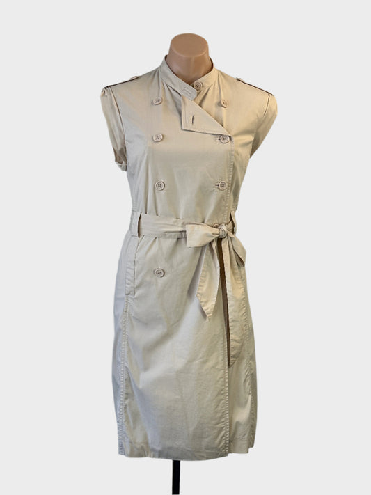 Designer SABA trench coat dress in beige with sash belt and slide pockets for office or special events wear.