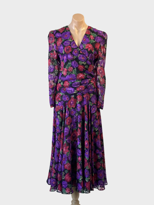 Designer Sally Browne vintage 80s dress in black with fuchsia and violet floral for special events.