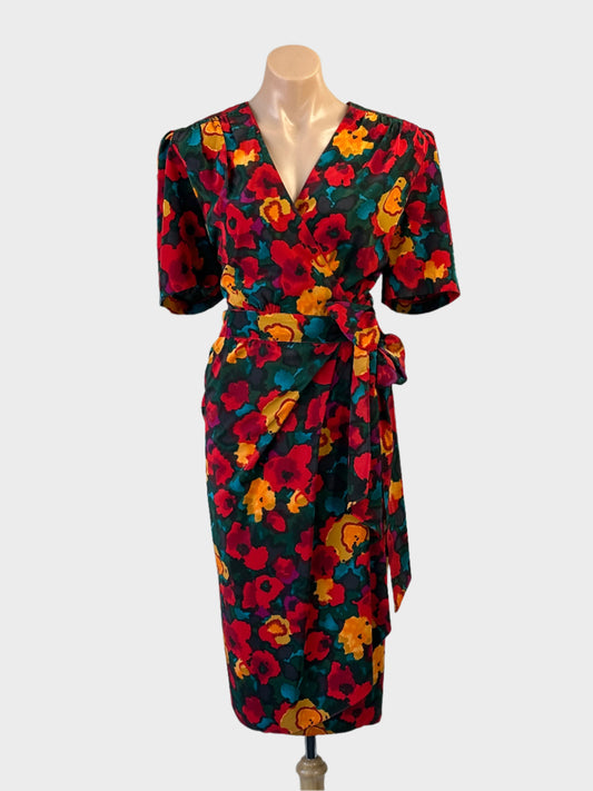 Designer Sally Browne wrap dress in red and green with surplice neck and tulip skirt for office or special events wear.