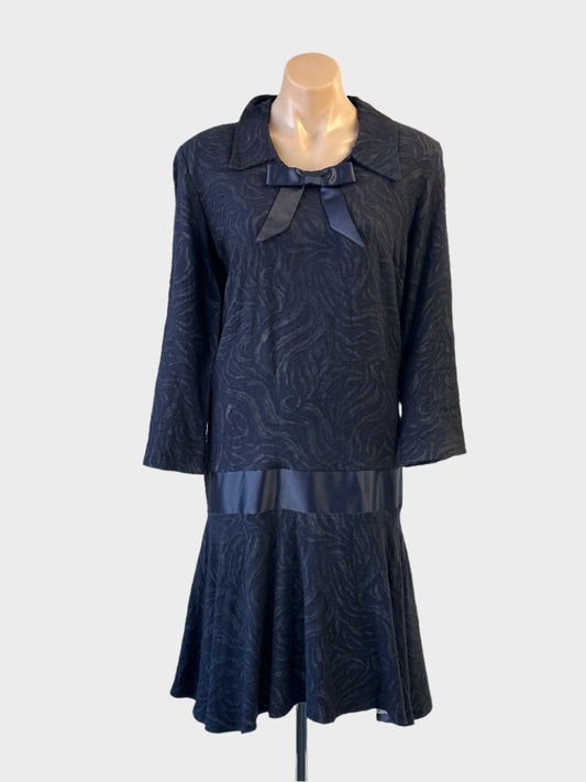 Vintage Samantha Rose midnight blue drop waist dress with satin bow for special events wear.