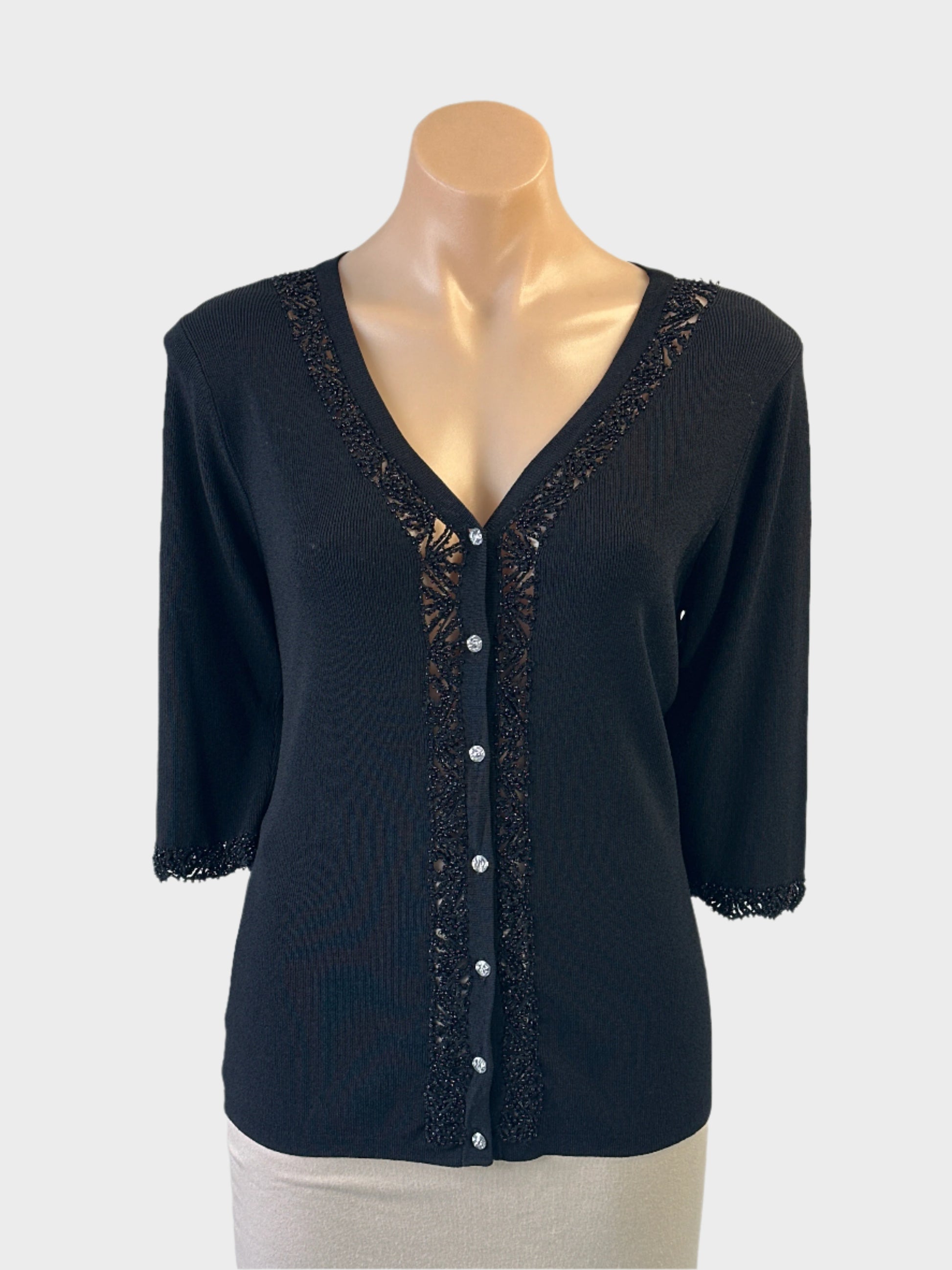 Designer Sandra Steiner cardigan in black with beaded trim and diamante buttons for formal or evening wear.