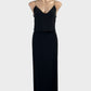 Designer Sandro black sleeveless maxi gown with overlay top, v-neck and straight skirt with side slits for formal or evening wear.