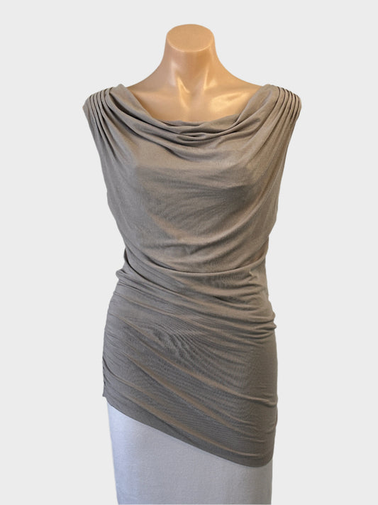 Sãopaulo sleeveless top in grey jersey with ruched front panel for evening or smart casual wear.