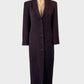 Designer Sara Sturgeon purple frock coat with shawl lapels and slanted welt pockets for office wear.