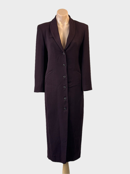 Designer Sara Sturgeon purple frock coat with shawl lapels and slanted welt pockets for office wear.