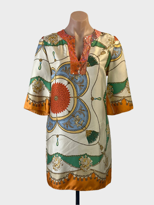 Designer Sarissa silk tunic top in orange and green with sequin detail and split hem for resort or special events wear.