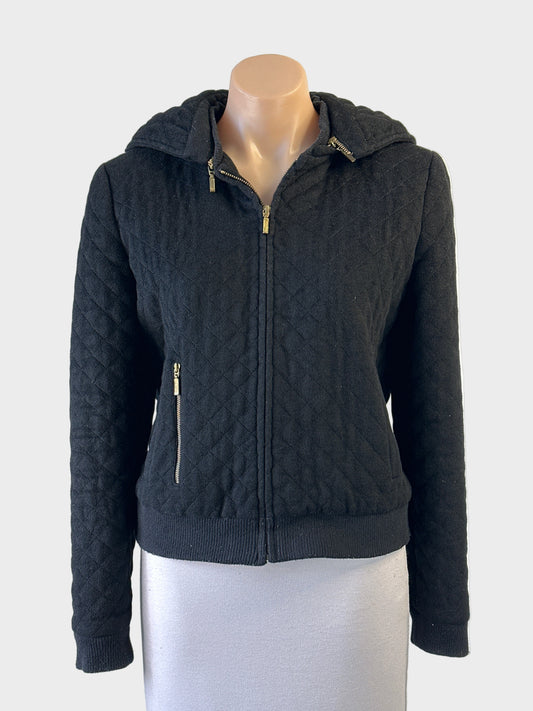 Designer sass & bide charcoal wool bomber jacket with quilted finish, detachable hood and zip front for smart casual wear